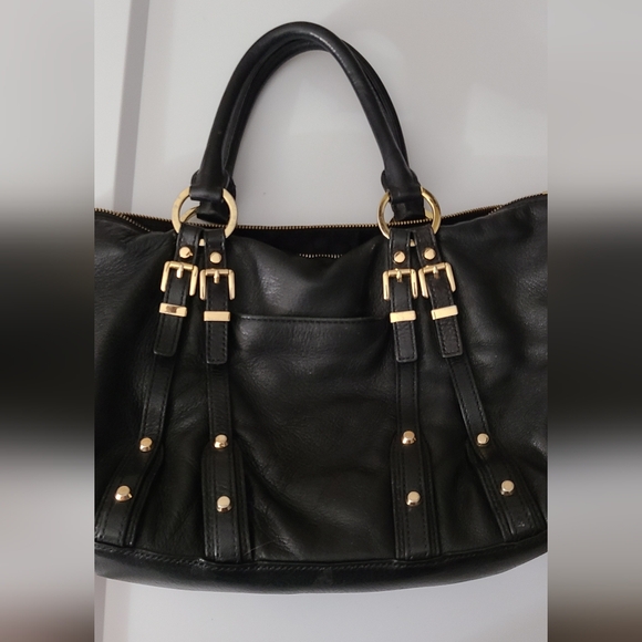 Michael Kors Black Leather Pebbled Purse Gold Hardware Studded Buckles Euc Clean - Picture 8 of 16